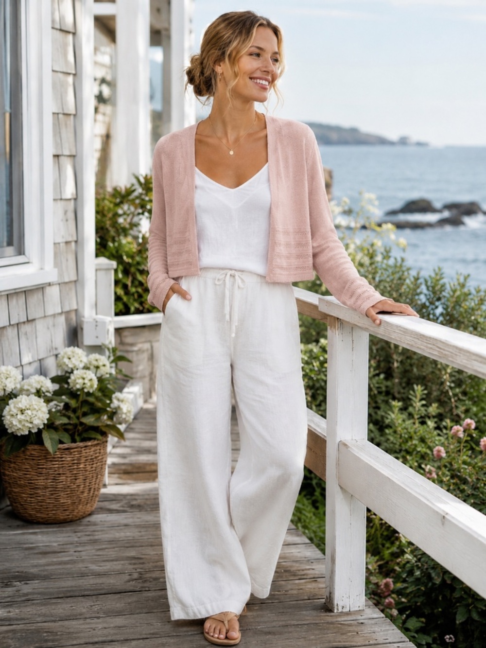 100% Linen pink open cardigan S crochet coastal minimalist office luxury preppy
